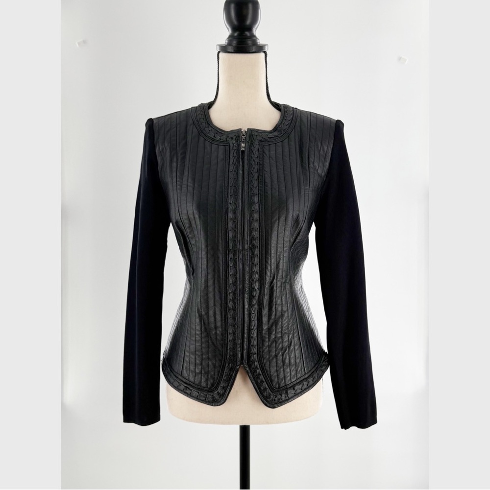 Nygard Collection Petite M Black Leather & Knit Panel Zip Jacket – Size 10-12 - Picture 2 of 7